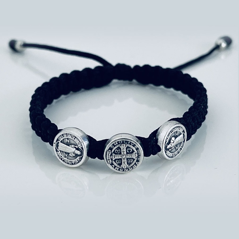 st_benedict_silver_child_bracelet_black_thread-sbscb1-x