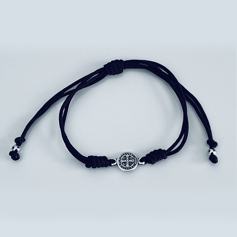 st_benedict_silver_string_bracelet_black_thread-sbssb1-x